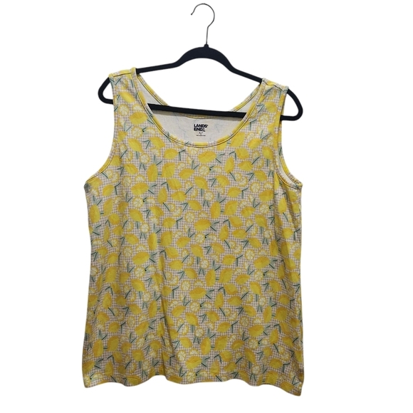 Lands End Scoop Neck Tan Gingham Lemon Print Novelty Tank Top Size XL Summer - Picture 1 of 6